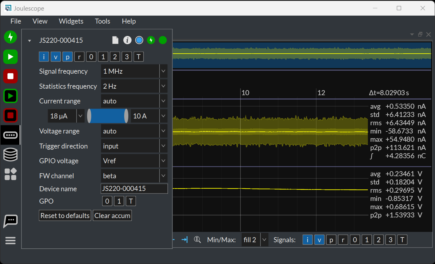 Joulescope UI Device Control settings for the GPIO