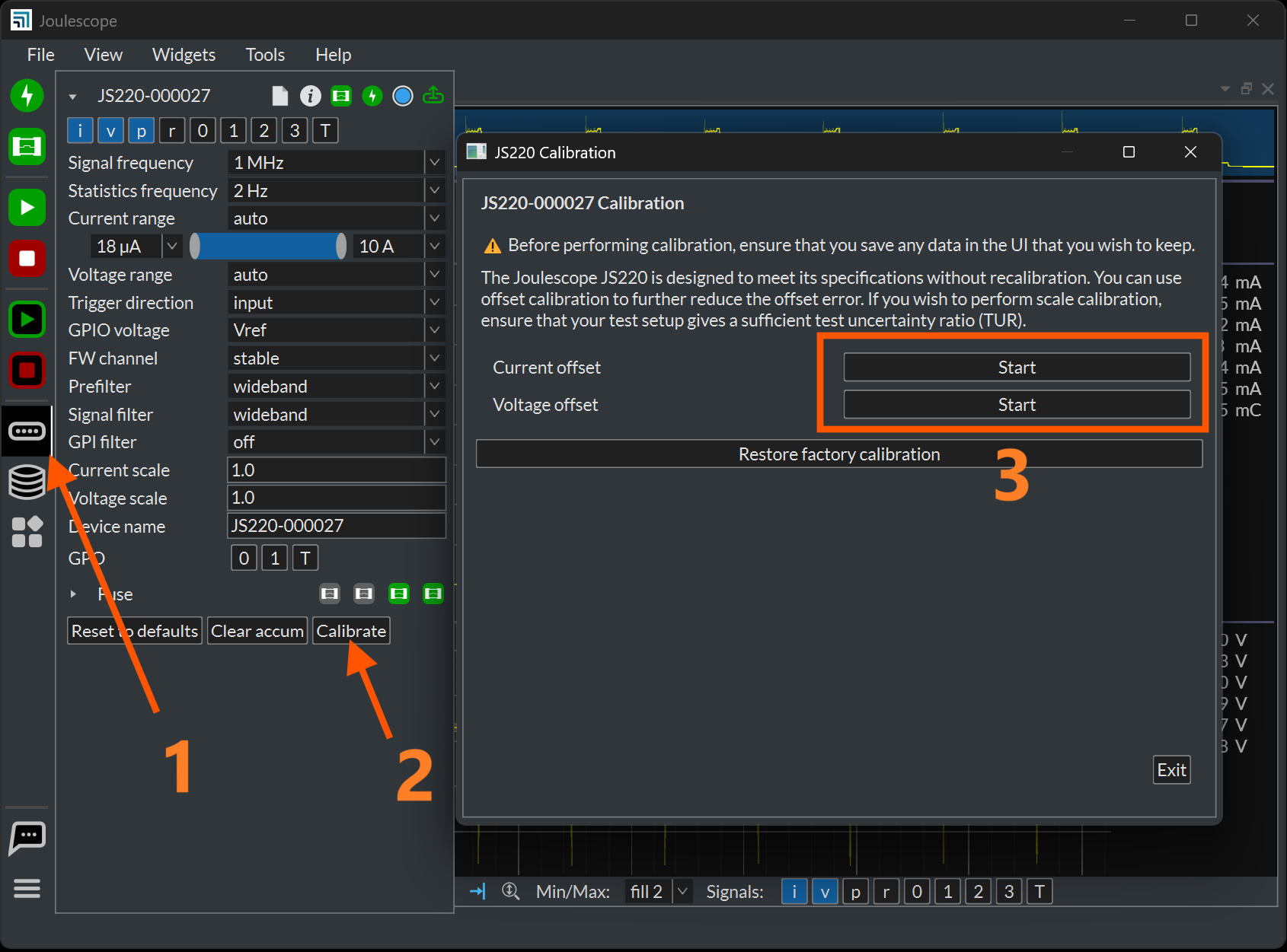 Joulescope UI calibration dialog