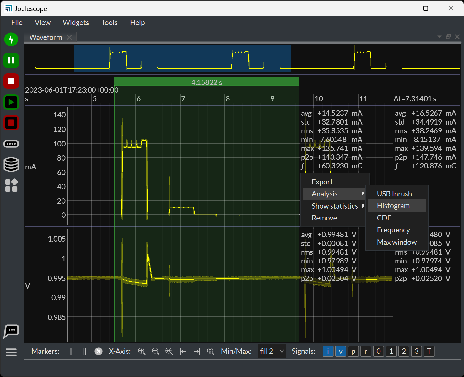 Dual marker context menu with the Analysis submenu