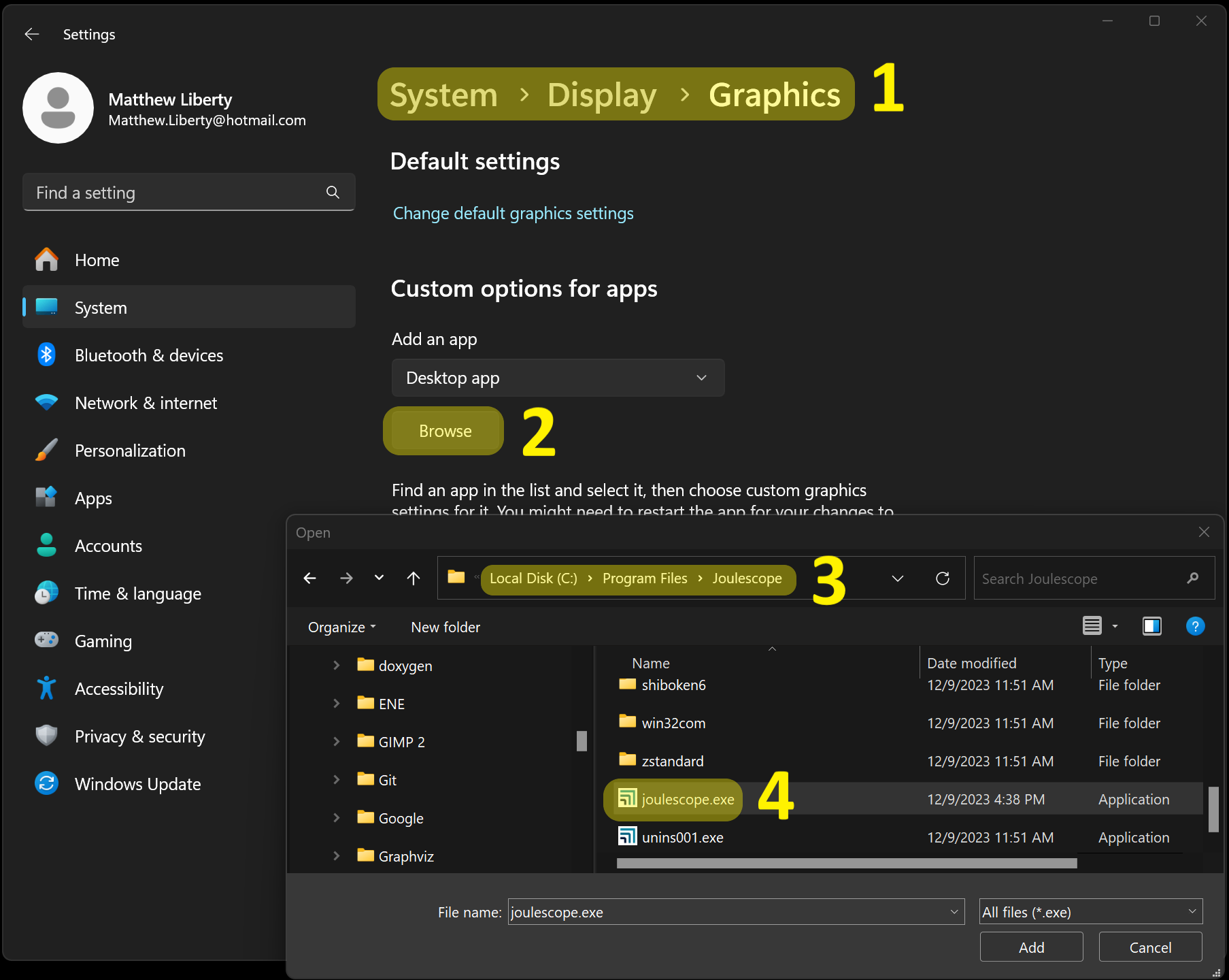 Windows Graphics settings, add joulescope.exe