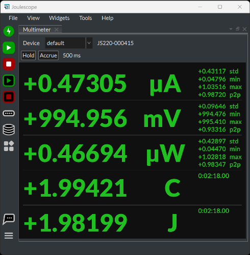 Joulescope UI Multimeter view