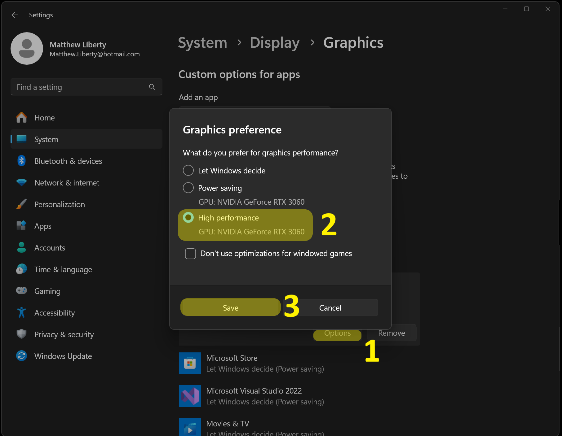 Windows Graphics preference dialog