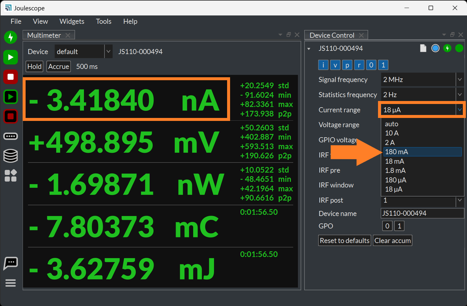 Multimeter widget showing the current offset