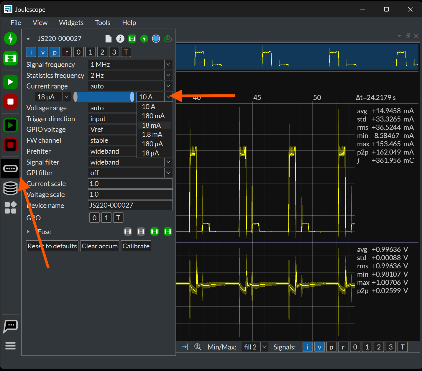 Joulescope UI Device Control with the maximum current range setting