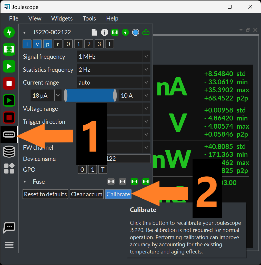Joulescope UI calibration dialog