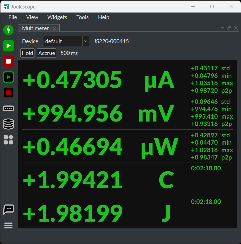 Joulescope UI Multimeter view